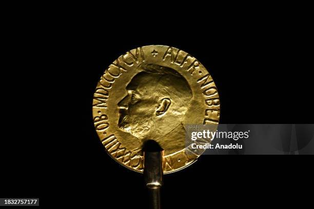 An official Nobel Peace Prize gold medal is seen at the exhibition at the Nobel Peace Center in Oslo, Norway, on December 8, 2023.
