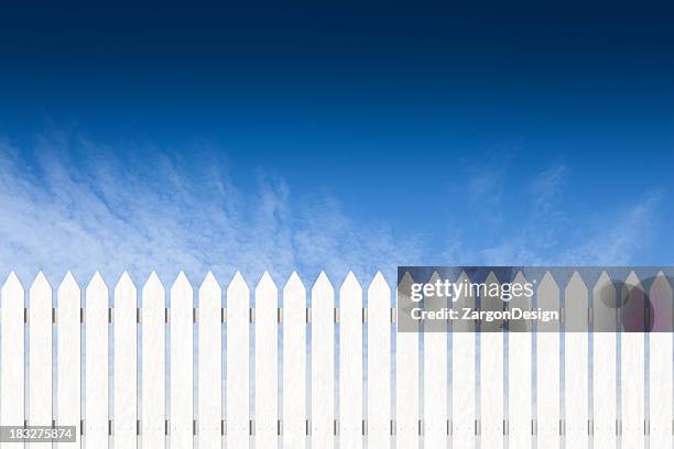 pocket fence painted white with blue sky - chainlink fence stock pictures, royalty-free photos & images