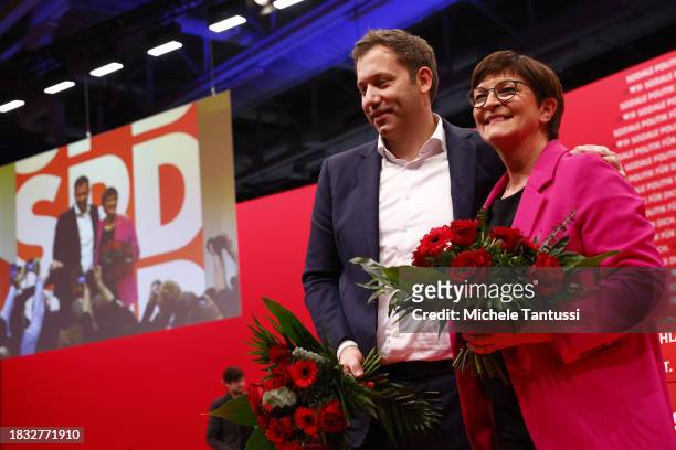 Saskia Esken and Lars Klingbeil, co-chairs of the German Social Democrats celebrate the reelection, at the SPD federal congress on December 8, 2023...
