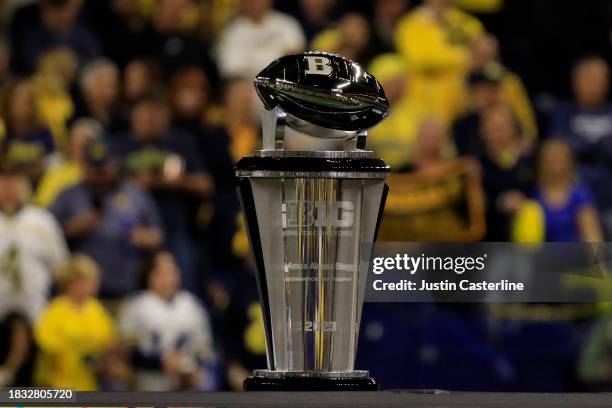 Detailed view of the Stagg Championship Trophy during the Big Ten Championship between the Iowa Hawkeyes and the Michigan Wolverines at Lucas Oil...
