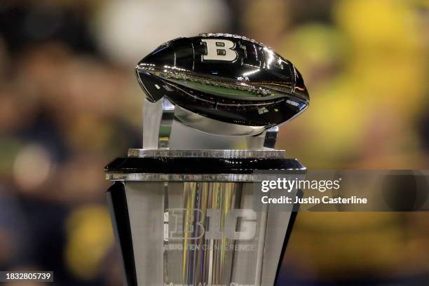 Detailed view of the Stagg Championship Trophy during the Big Ten Championship between the Iowa Hawkeyes and the Michigan Wolverines at Lucas Oil...