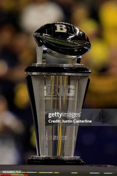 Detailed view of the Stagg Championship Trophy during the Big Ten Championship between the Iowa Hawkeyes and the Michigan Wolverines at Lucas Oil...