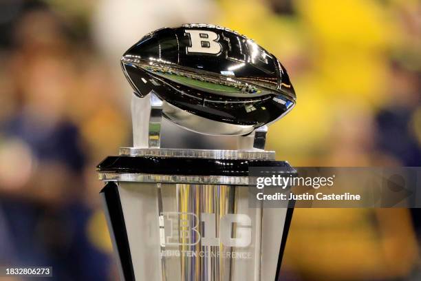 Detailed view of the Stagg Championship Trophy during the Big Ten Championship between the Iowa Hawkeyes and the Michigan Wolverines at Lucas Oil...
