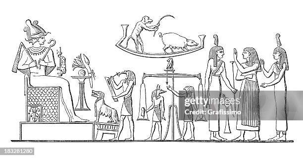 stockillustraties, clipart, cartoons en iconen met engraving pharaoh at judgment of the dead - hieroglyphics