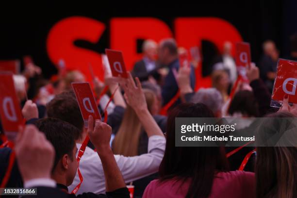 Delegates vote at the SPD federal congress on December 8, 2023 in Berlin, Germany. The party is meeting to elect its leadership. The SPD is the...