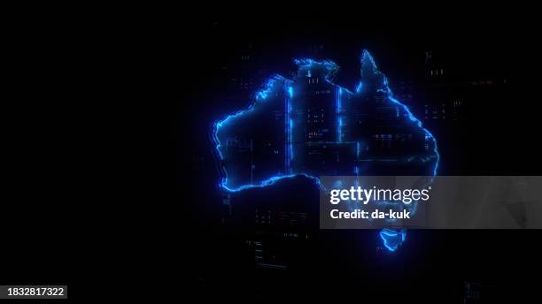 holograma del mapa digital de australia en el fondo de la tecnología del futuro. experiencia en comunicación y finanzas globales. mapa futurista de australia en el mundo del progreso tecnológico y la innovación. renderizado 3d cgi - holographic-map fotografías e imágenes de stock