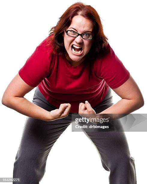 angry snarling woman - fat woman funny stockfoto's en -beelden
