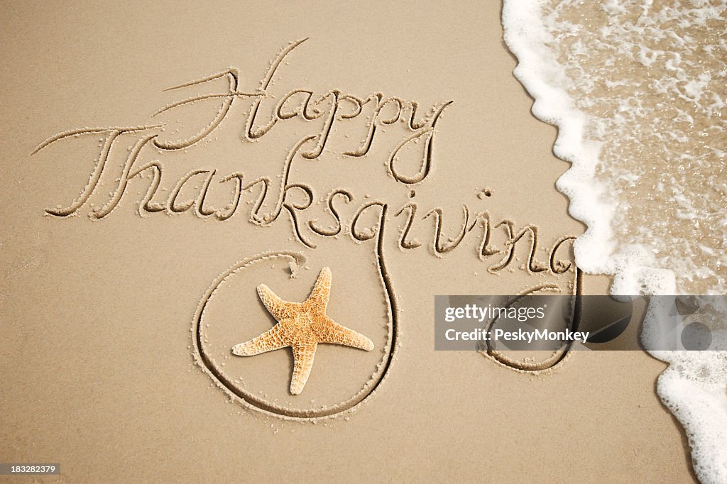 Happy Thanksgiving Message Handwritten Outdoors with White Wave