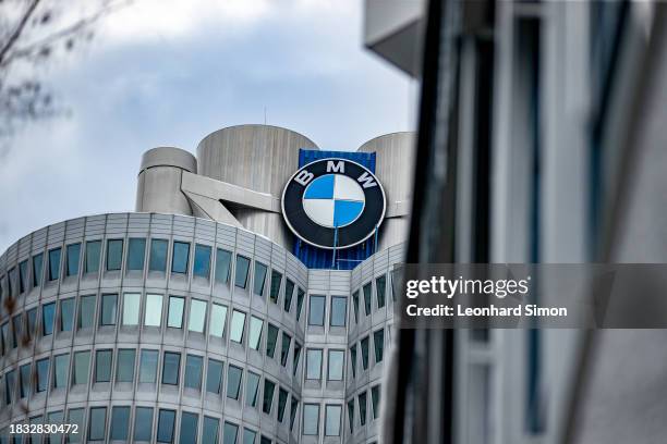 The BMW logo at the BMW tower during German Chancellor Olaf Scholz visits the BMW Group car factory on December 05, 2023 in Munich, Germany. His...