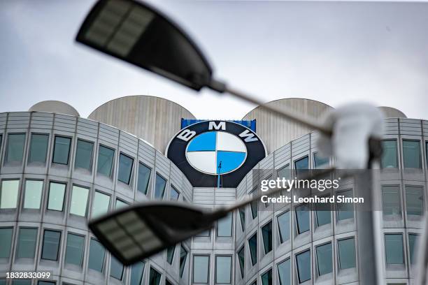 The BMW logo at the BMW tower during German Chancellor Olaf Scholz visits the BMW Group car factory on December 05, 2023 in Munich, Germany. His...