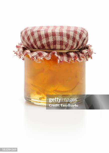 homemade jar of marmalade isolated in white - marmalade stock pictures, royalty-free photos & images