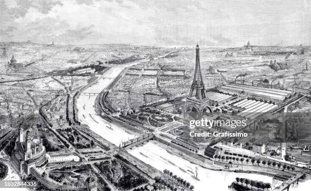 paris eiffel tower on champ de mars 1889 - construction aerial stock illustrations