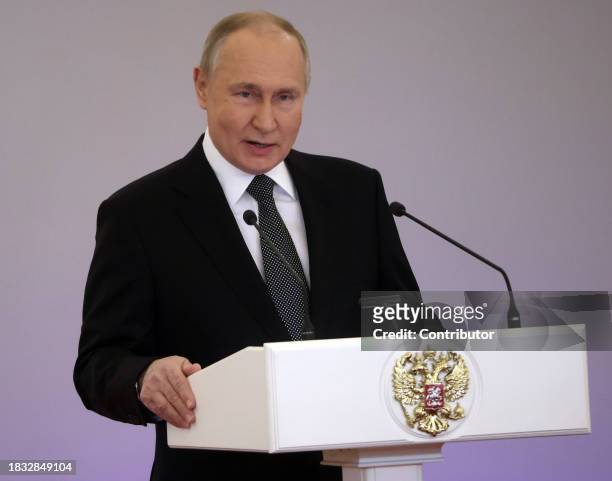 Russian President Vladimir Putin speaks at the Grand Kremlin Palace during the award ceremony, marking the Heroes of Russia Day on December 8 in...