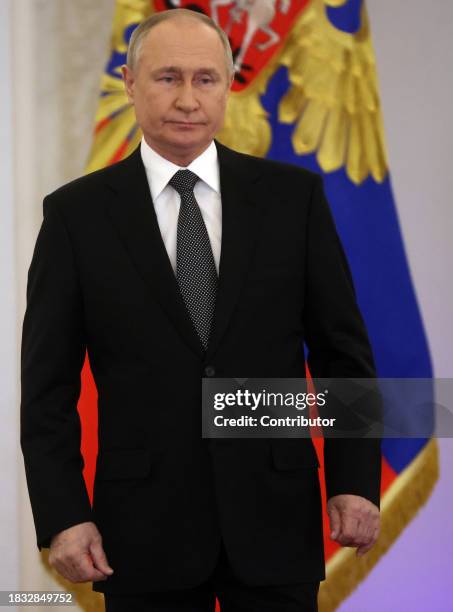 Russian President Vladimir Putin seen at the Grand Kremlin Palace during the award ceremony, marking the Heroes of Russia Day on December 8 in...