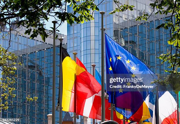 flags with european parliament in brussels - conference centre europe outside stock pictures, royalty-free photos & images