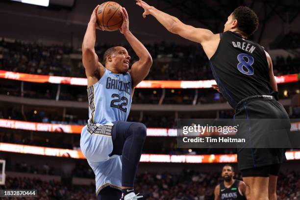 Desmond Bane of the Memphis Grizzlies drives to the basket against Josh Green of the Dallas Mavericks at American Airlines Center on December 01,...