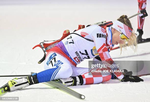 Croatia's Anika Kozica takes her breath after finishing the women's 7,5 km sprint event of the IBU Biathlon World Cup in Hochfilzen, Austria, on...