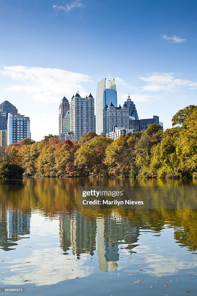 Atlanta skyline reflecting in lake