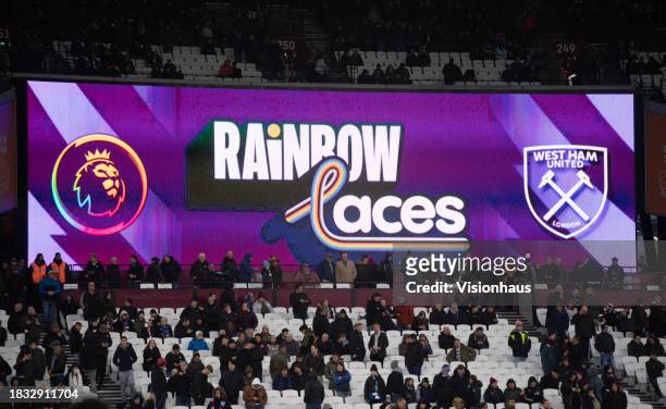 The Rainbow Laces logo is seen on the scoreboard prior to the Premier League match between West Ham United and Crystal Palace at London Stadium on...
