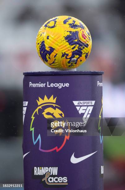 The match ball is seen on its plinth prior to the Premier League match between West Ham United and Crystal Palace at London Stadium on December 3,...