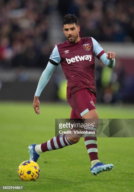 Emerson Palmieri of West Ham United during the Premier League match between West Ham United and Crystal Palace at London Stadium on December 3, 2023...