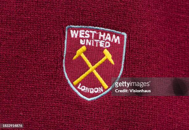 Detailed view of a West Ham United crest on a scarf is seen prior to the Premier League match between West Ham United and Crystal Palace at London...