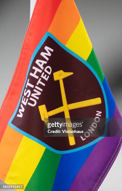 Detailed view of the corner flag is seen prior to the Premier League match between West Ham United and Crystal Palace at London Stadium on December...
