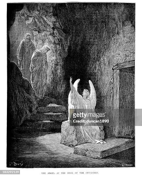 angel at the sepulchre - religious illustration stock illustrations