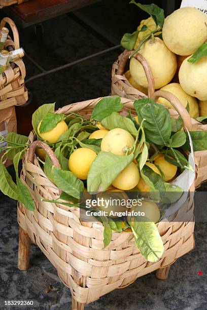 freshly picked lemons in a basket - sorrento stockfoto's en -beelden