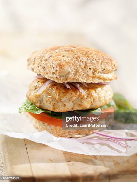 turkey burger with lettuce and tomato - cooked turkey white plate stockfoto's en -beelden