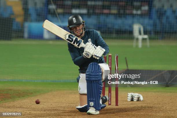 Heather Knight captain of England bats during a net session at Wankhede Stadium on December 8, 2023 in Mumbai, India.