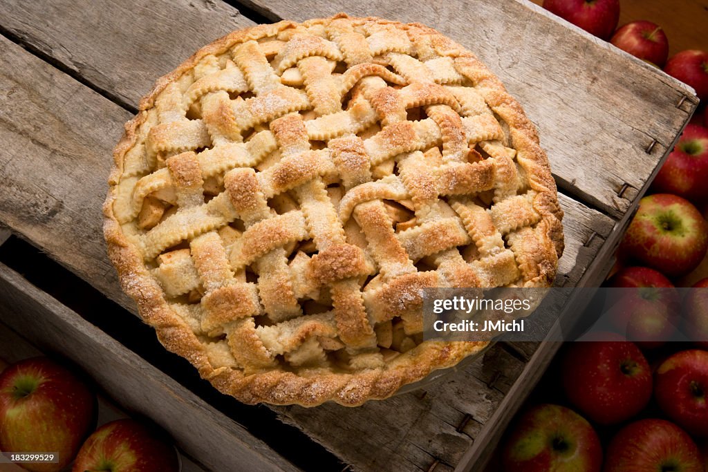 Apple Pie With Lattice Crust on a Rustic Wooden Crate.