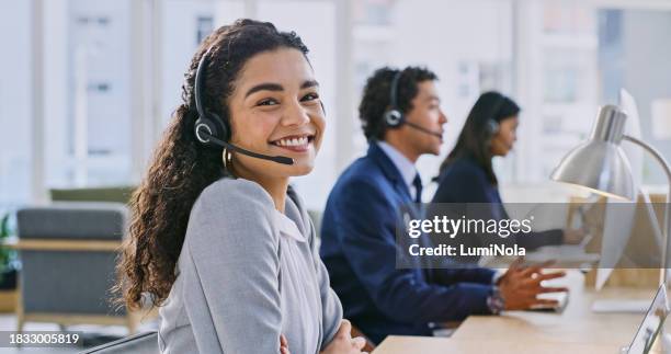 call center woman, happy and portrait at help desk, job and staff group with computer, advice and office. telemarketing agent, pc and microphone with headphones, consulting or listen for tech support - callcenter bildbanksfoton och bilder