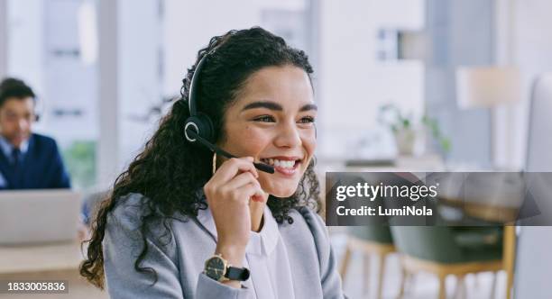 woman, call center and operator or customer service, smile and telemarketing or hotline. female person, consultant and agent or helpdesk, technical support and advice or networking at assistance - callcenter bildbanksfoton och bilder