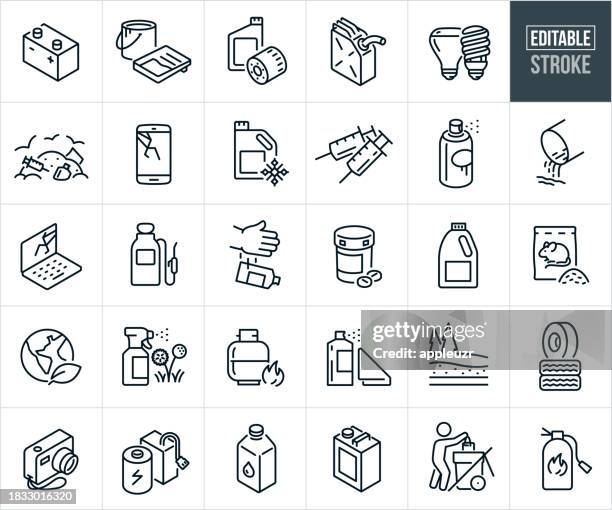 hazardous waste and disposal thin line icons - editable stroke - chemical disposal stock illustrations