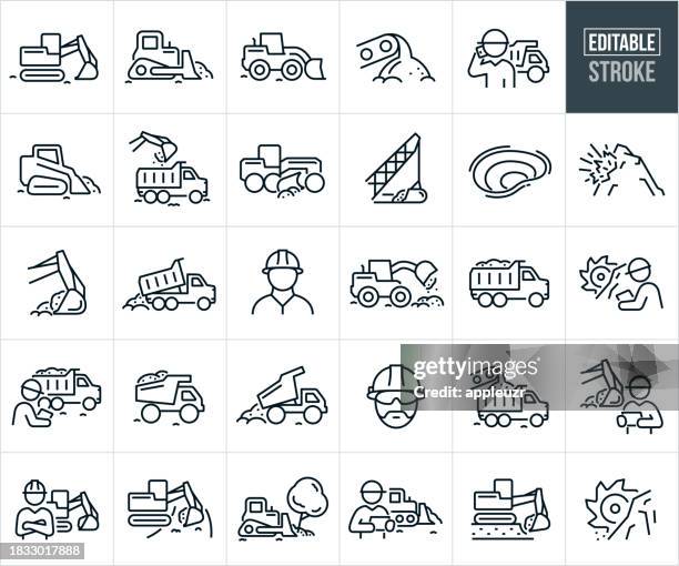 excavation thin line icons - editable stroke - construction vehicles stock illustrations