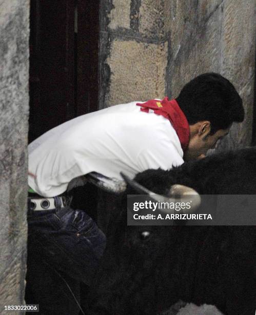 Runner is gored by a Marques de Domecq fighting bull during the 6th day of the San Fermin bull run, 12 July 2007, in Pamplona, northern Spain. The...