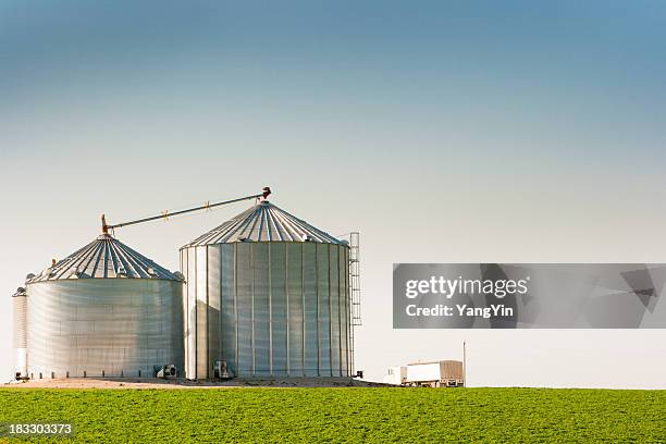 grain silo bins and truck in farm field agricultural landscape - agrarisch gebouw stockfoto's en -beelden