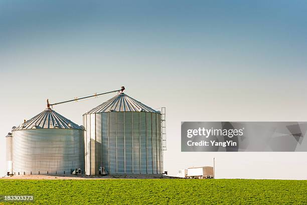 grain silo bins and truck in farm field agricultural landscape - farm truck stock pictures, royalty-free photos & images