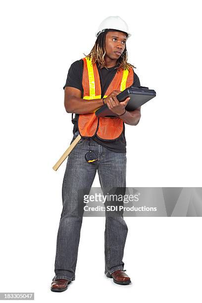 construction man writing and looking up, isolated on white - hard hat white background stock pictures, royalty-free photos & images