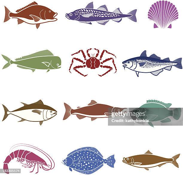 ilustrações de stock, clip art, desenhos animados e ícones de sea life conjunto de ícones - bacalhau