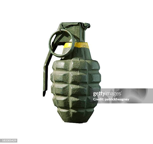 green hand grenade isolated on white background - grenade pin stock pictures, royalty-free photos & images