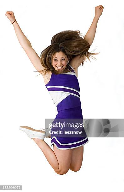 football cheerleader jumping, isolated on white - cheerleader white background stock pictures, royalty-free photos & images