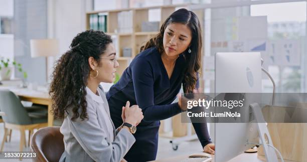 computer, discussion and manager with woman for training in the office for law project in collaboration. conversation, technology and female leader talking to employee on desktop in modern workplace. - law office stock pictures, royalty-free photos & images
