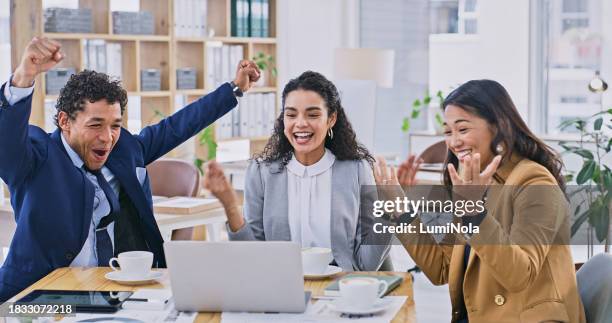 business people, celebration and news on laptop with success, winning and group achievement, goals or bonus. excited professional team, man and women with wow, yes or cheers and reading on a computer - executive board extraordinary assembly stock pictures, royalty-free photos & images