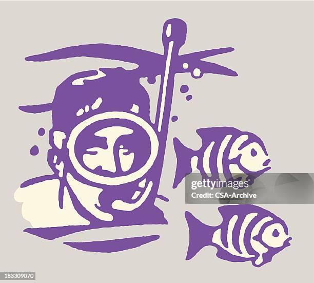 mann schnorchelt unter fischen - taucherbrille stock-grafiken, -clipart, -cartoons und -symbole