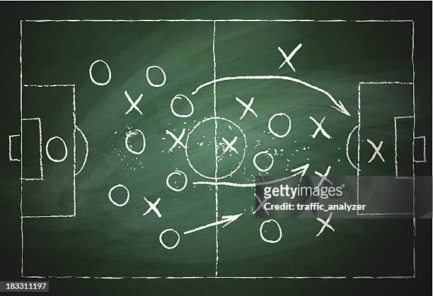 ilustraciones, imágenes clip art, dibujos animados e iconos de stock de jugar a green chalkboard de fútbol - defence player