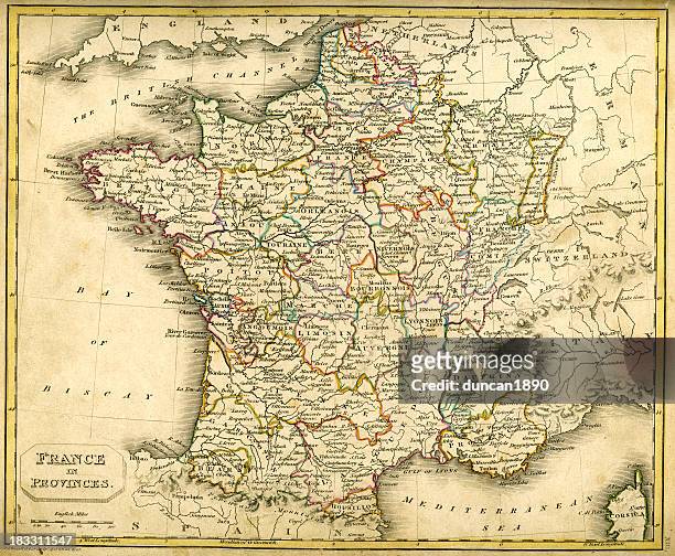 ilustraciones, imágenes clip art, dibujos animados e iconos de stock de antquie mapa de francia en las provincias - loira