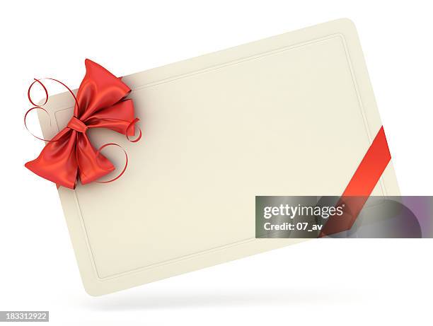 single white blank gift card with a red ribbon and bow - coupon stock pictures, royalty-free photos & images