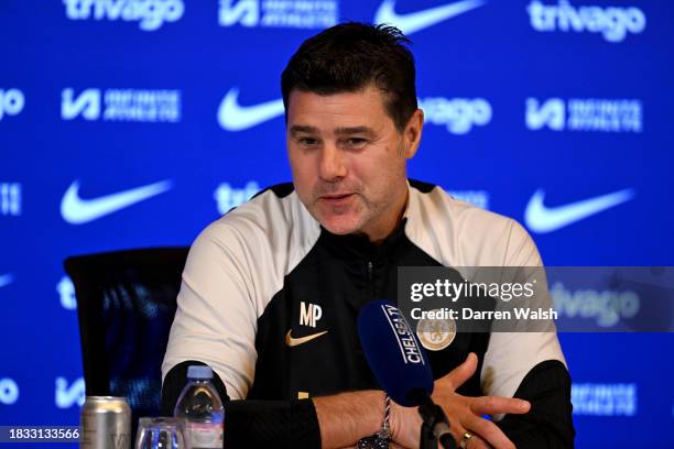 Head Coach Mauricio Pochettino of Chelsea during a press conference at Chelsea Training Ground on December 8, 2023 in Cobham, England.